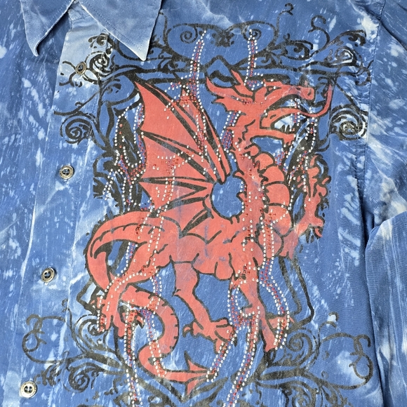 Doramafi Blue Button-Up Shirt with Red Dragon Design Size L - Picture 5 of 10
